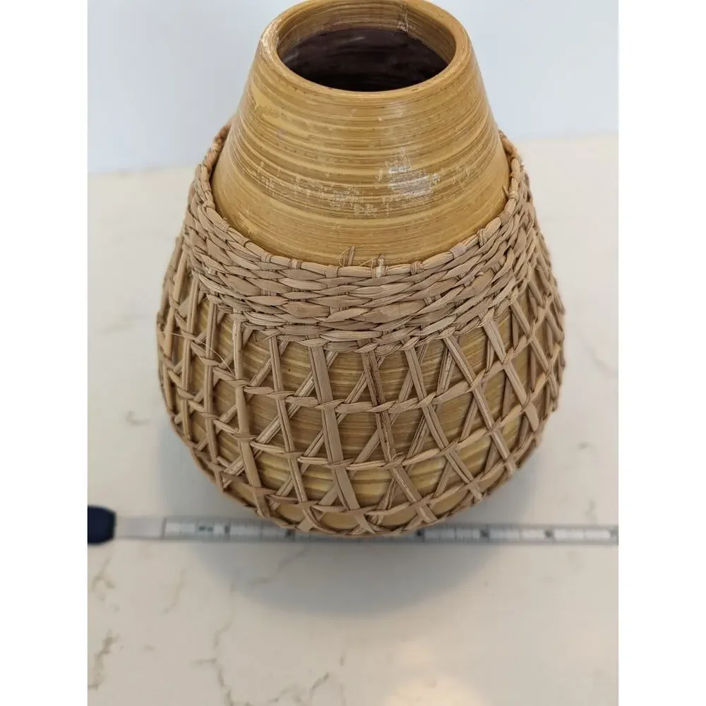 Bamboo Vase W Seagrass Weave Wrapped Rattan Bohemian Earthenware